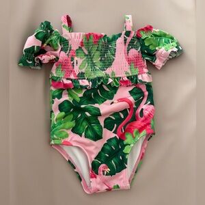 Janie and Jack Tropical Flamingo Cold Shoulder Smocked Swimsuit